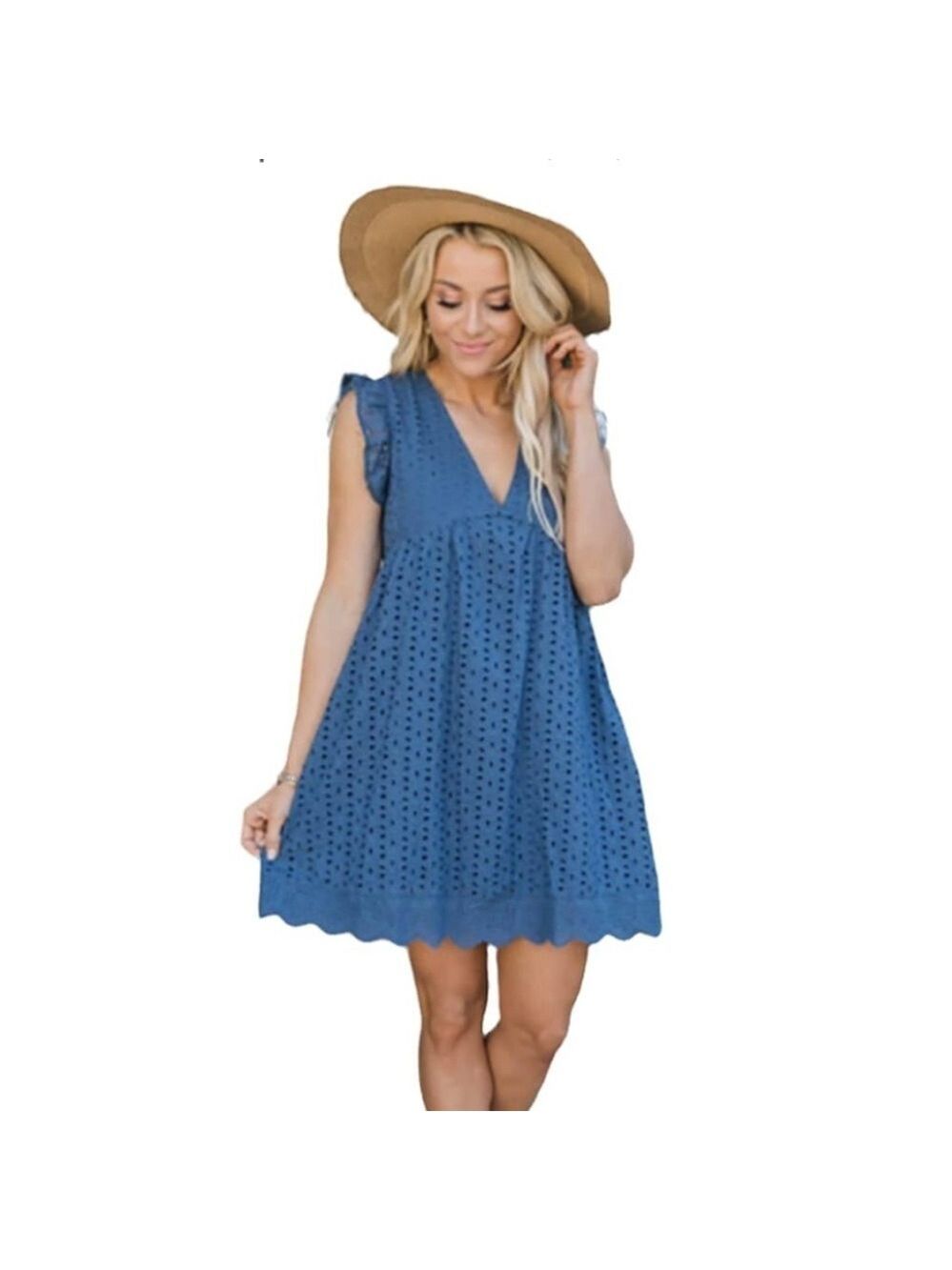 Romper Dress with Shorts V-Neck Cotton Lace Dress Flutter Sleeve Medium Blue